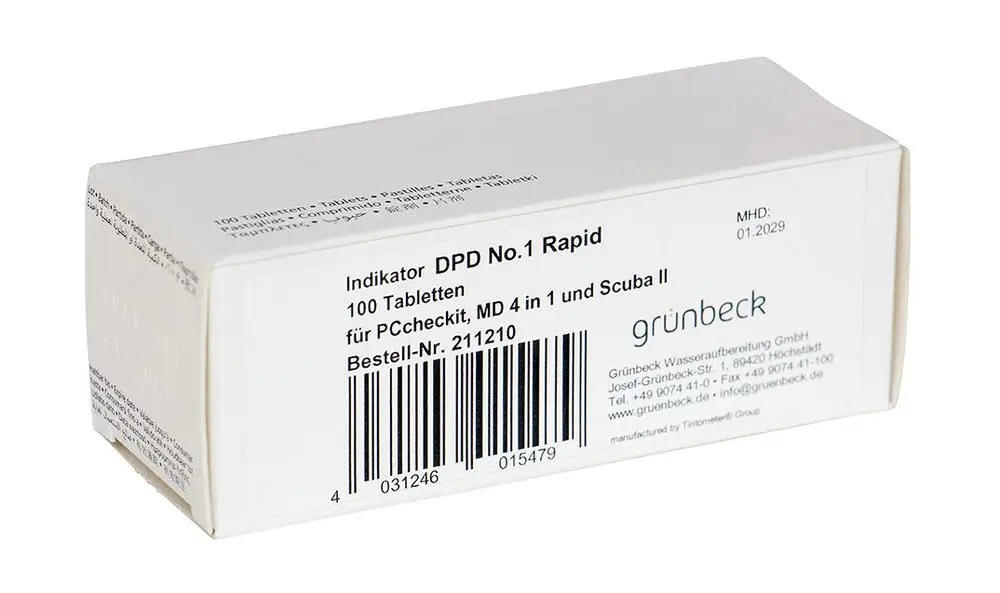 Weißer Karton mit Produktinformationen von Grünbeck, enthält 100 Tabletten, DPD No. 1 Rapid, geeignet für PCcheckit MD 4 in 1 und Scuba II, Barcode sichtbar.